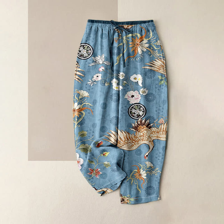 Buddha Stones Pantalon pour femme en pur coton blanc à motif floral et médaillon de grues, taille élastique et poches - SteelBlue - US16，UK/AU20，EU48 (3XL) - image 4