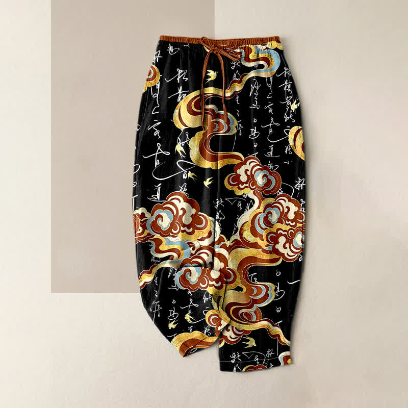 Buddha Stones Pantalon pour femme en pur coton avec motif de calligraphie orientale nuageuse et taille élastique, doté de poches. - Noir - US16，UK/AU20，EU48 (3XL) - image 0