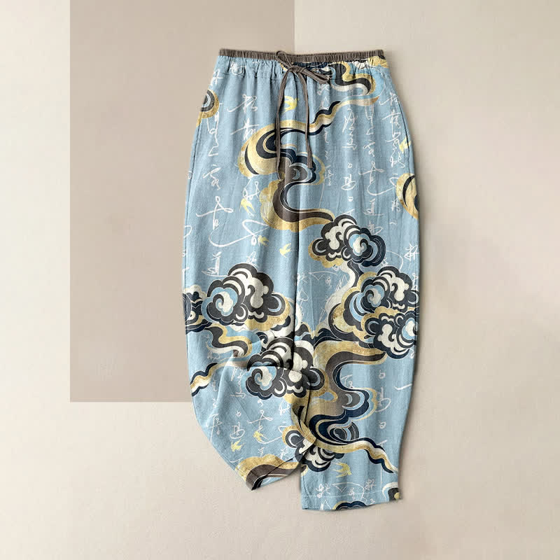Buddha Stones Pantalon pour femme en pur coton avec motif de calligraphie orientale nuageuse et taille élastique, doté de poches. - Bleu poudré - US16，UK/AU20，EU48 (3XL) - image 3