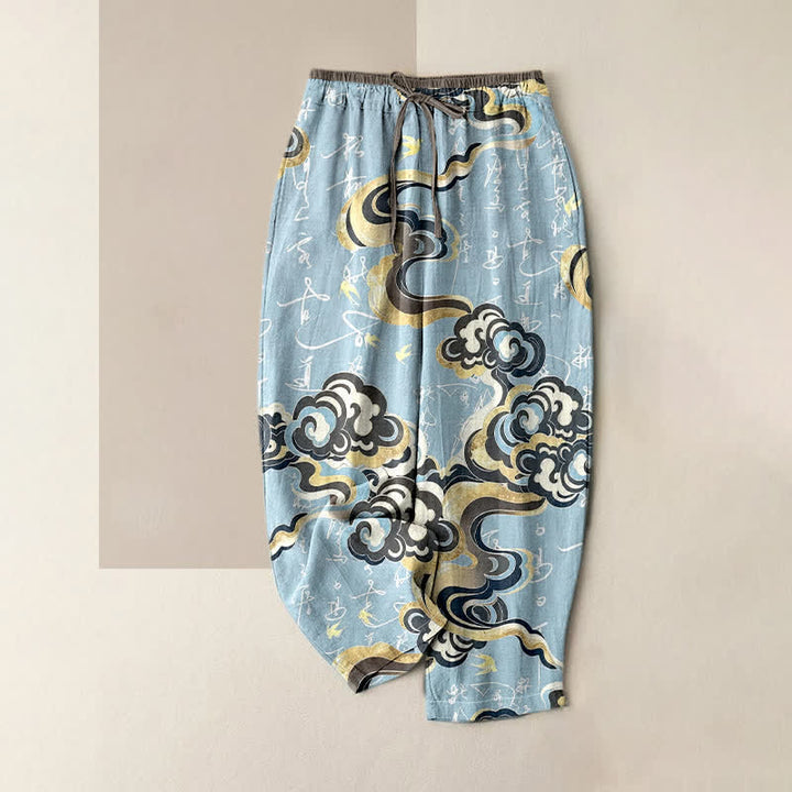 Buddha Stones Pantalon pour femme en pur coton avec motif de calligraphie orientale nuageuse et taille élastique, doté de poches. - Bleu poudré - US16，UK/AU20，EU48 (3XL) - image 3
