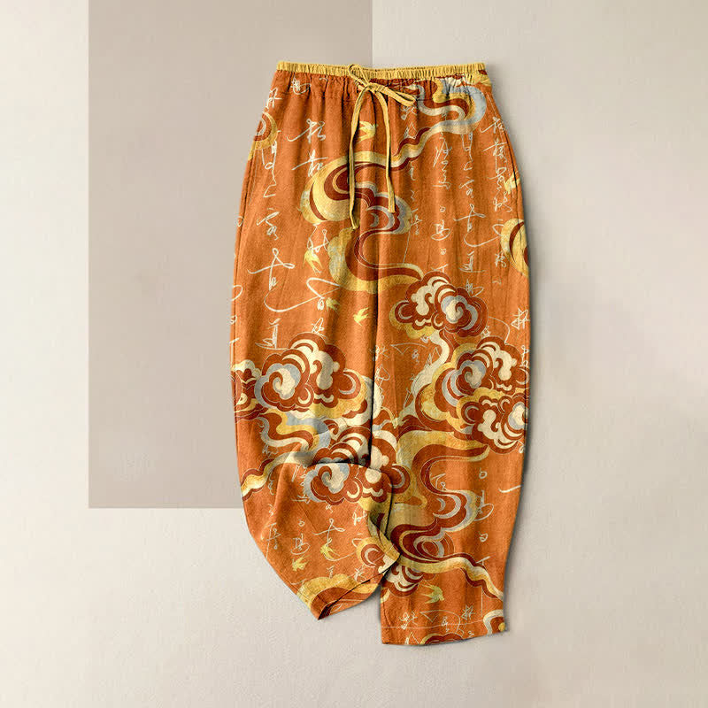 Buddha Stones Pantalon pour femme en pur coton avec motif de calligraphie orientale nuageuse et taille élastique, doté de poches. - Orange - US16，UK/AU20，EU48 (3XL) - image 4