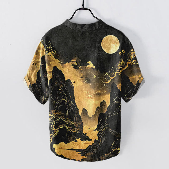 Buddha Stones Chemise à manches courtes et demi-boutonnée pour homme, motif paysage lune dorée en coton - image 1