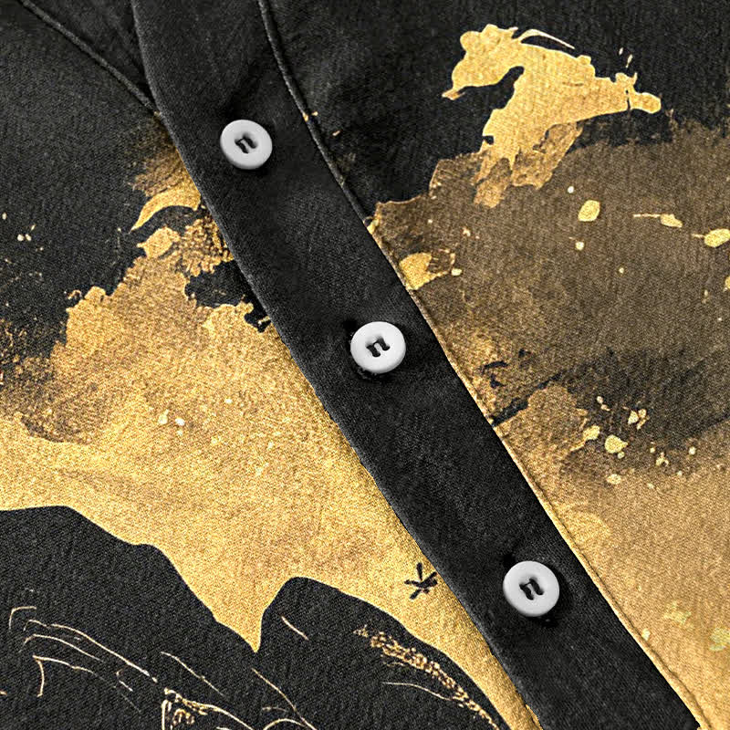Buddha Stones Chemise à manches courtes et demi-boutonnée pour homme, motif paysage lune dorée en coton - image 4