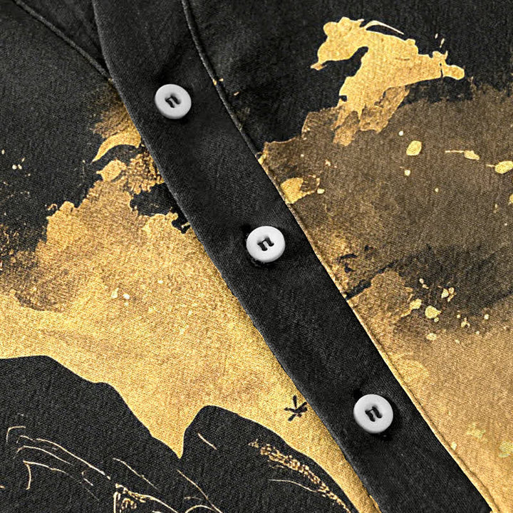 Buddha Stones Chemise à manches courtes et demi-boutonnée pour homme, motif paysage lune dorée en coton - image 4