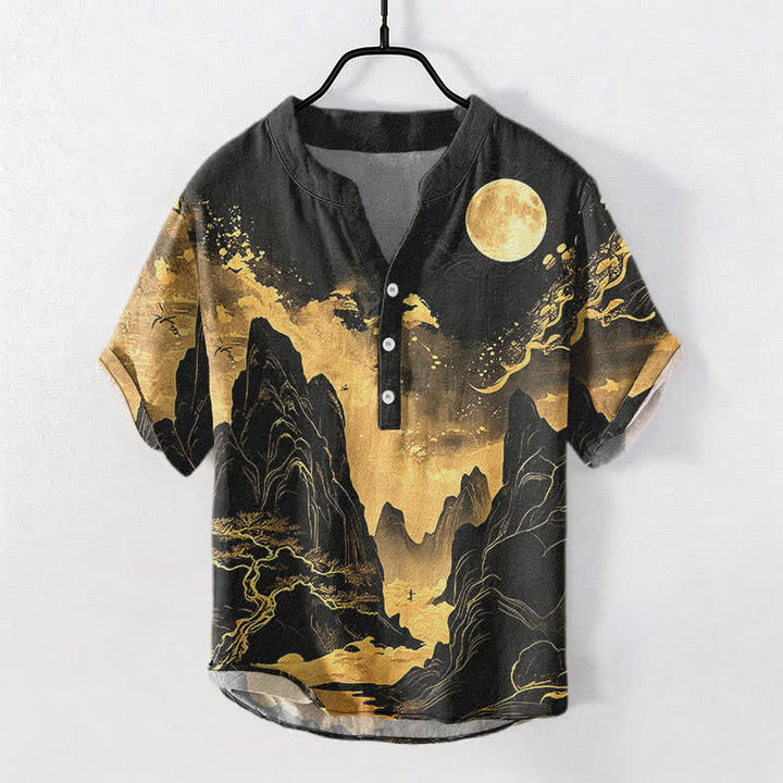 Buddha Stones Chemise à manches courtes et demi-boutonnée pour homme, motif paysage lune dorée en coton - Noir - US/UK/AU50，EU60 (5XL) - image 0