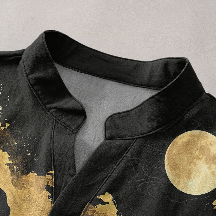 Buddha Stones Chemise à manches courtes et demi-boutonnée pour homme, motif paysage lune dorée en coton - image 2