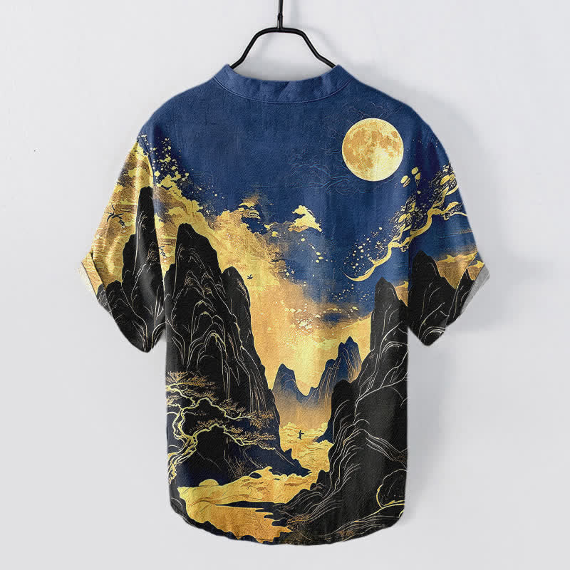 Buddha Stones Chemise à manches courtes et demi-boutonnée pour homme, motif paysage lune dorée en coton - image 6