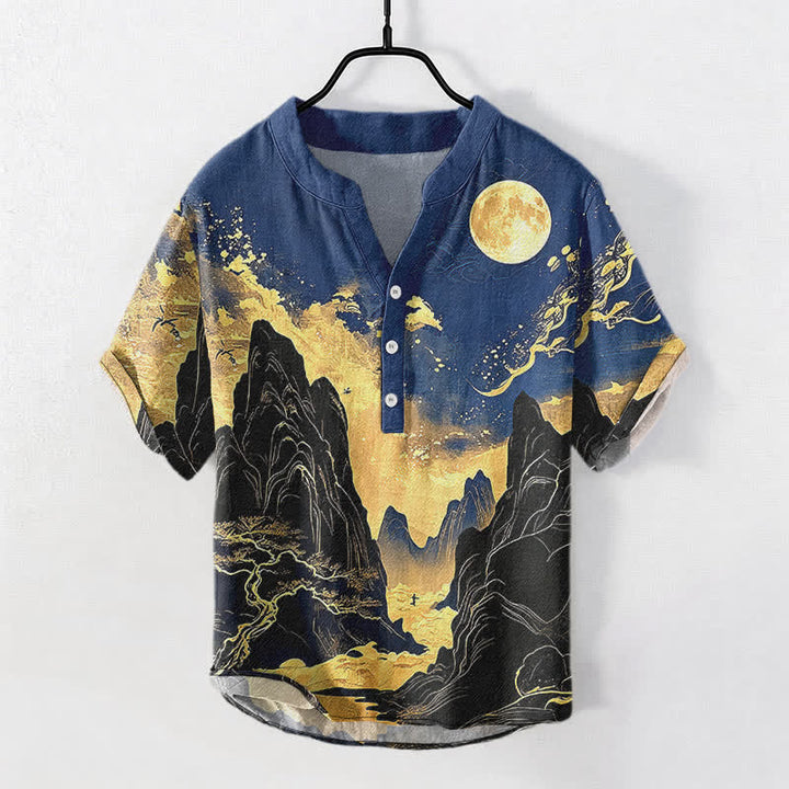 Buddha Stones Chemise à manches courtes et demi-boutonnée pour homme, motif paysage lune dorée en coton - Bleu foncé - US/UK/AU50，EU60 (5XL) - image 5