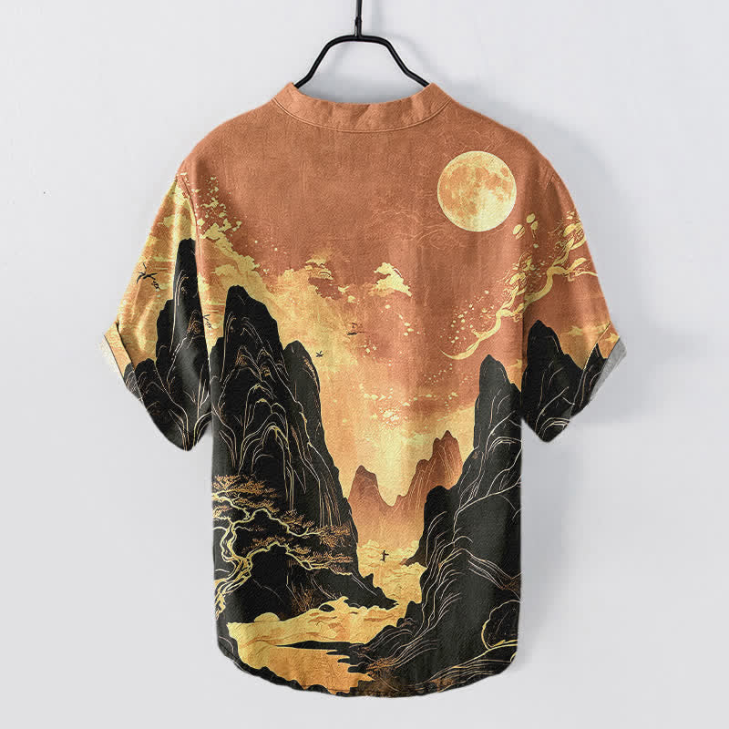 Buddha Stones Chemise à manches courtes et demi-boutonnée pour homme, motif paysage lune dorée en coton - image 8