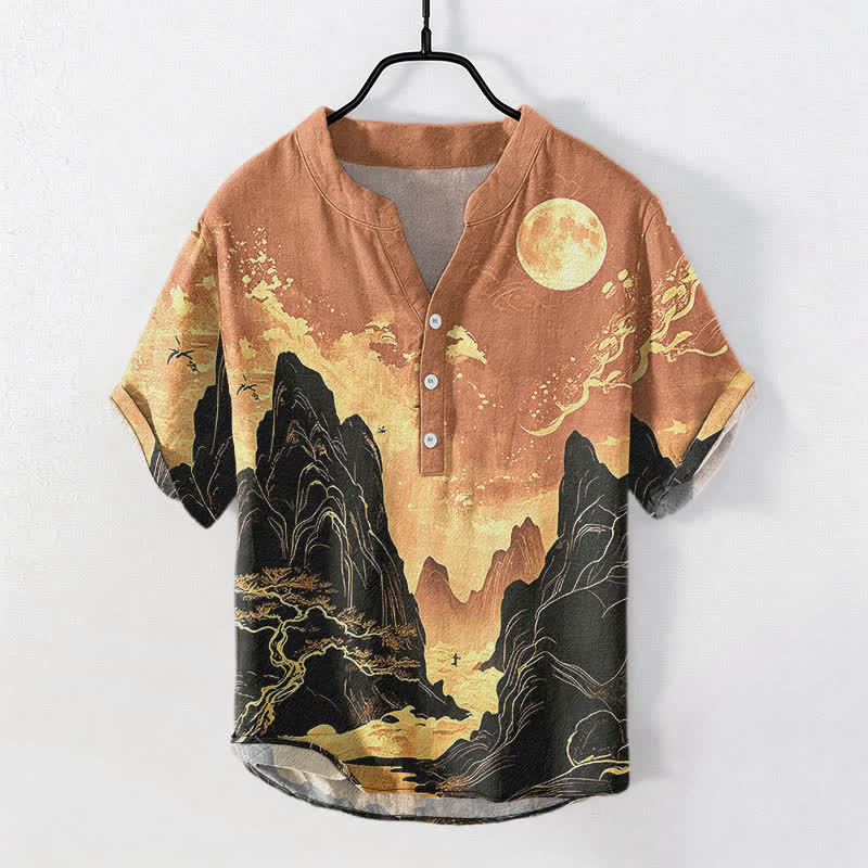 Buddha Stones Chemise à manches courtes et demi-boutonnée pour homme, motif paysage lune dorée en coton - SandyBrown - US/UK/AU50，EU60 (5XL) - image 7