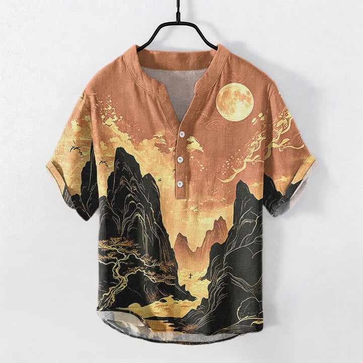 Buddha Stones Chemise à manches courtes et demi-boutonnée pour homme, motif paysage lune dorée en coton - SandyBrown - US/UK/AU50，EU60 (5XL) - image 7
