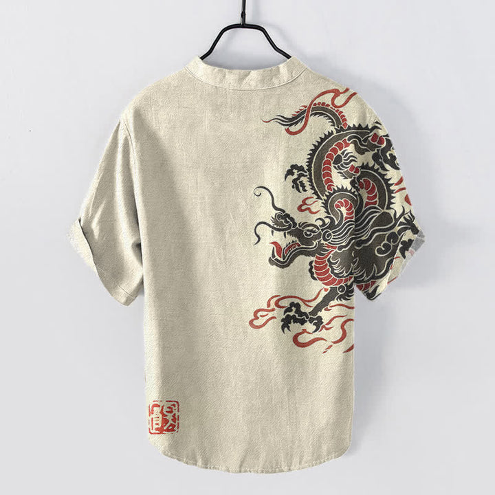 Buddha Stones Chemise homme à manches courtes en coton noir et rouge à motif dragon et demi-boutonnage - image 1
