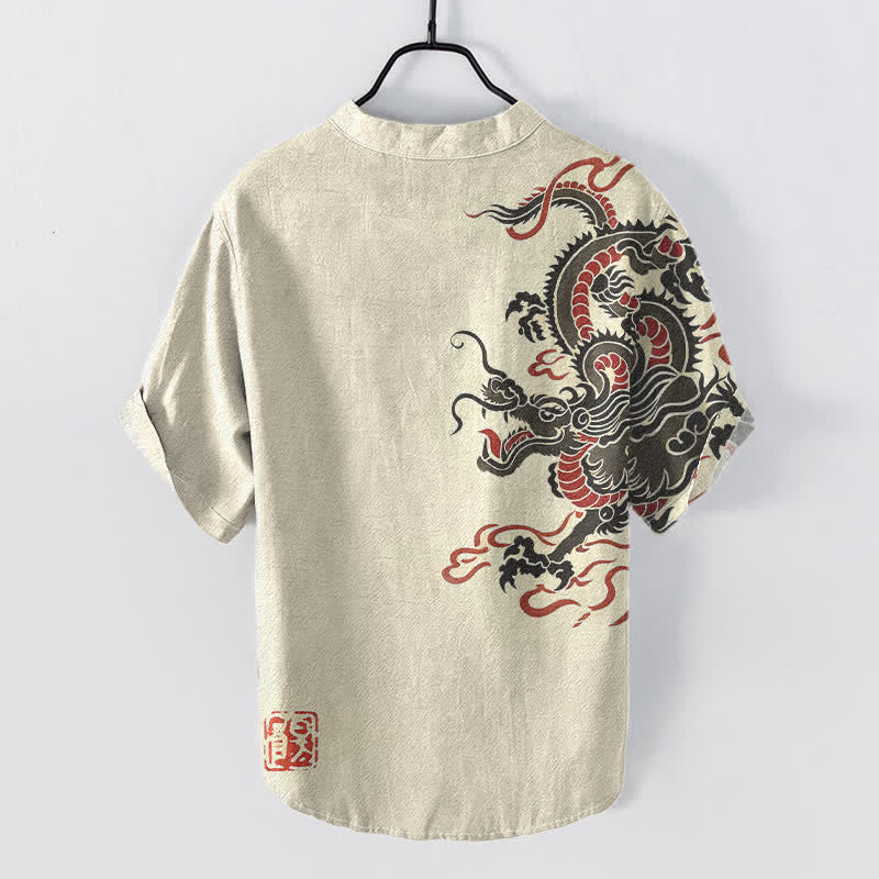 Buddha Stones Chemise homme à manches courtes en coton noir et rouge à motif dragon et demi-boutonnage - image 1