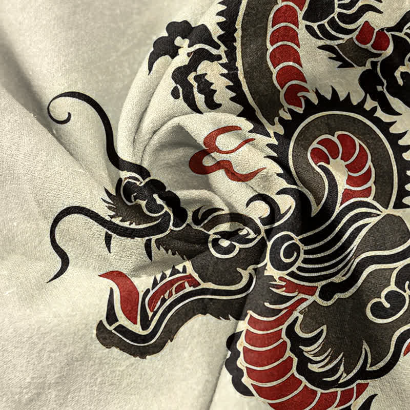 Buddha Stones Chemise homme à manches courtes en coton noir et rouge à motif dragon et demi-boutonnage - image 2