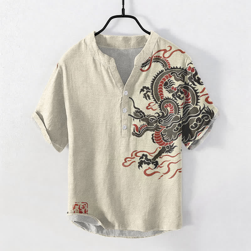 Buddha Stones Chemise homme à manches courtes en coton noir et rouge à motif dragon et demi-boutonnage - Beige - US/UK/AU50，EU60 (5XL) - image 0