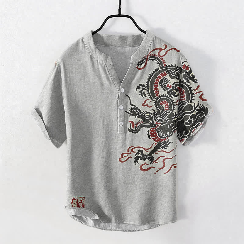 Buddha Stones Chemise homme à manches courtes en coton noir et rouge à motif dragon et demi-boutonnage - Gris clair - US/UK/AU50，EU60 (5XL) - image 3