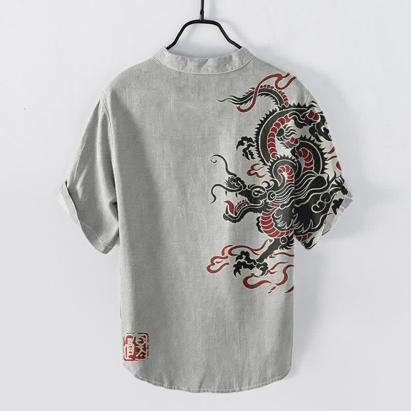 Buddha Stones Chemise homme à manches courtes en coton noir et rouge à motif dragon et demi-boutonnage - image 4