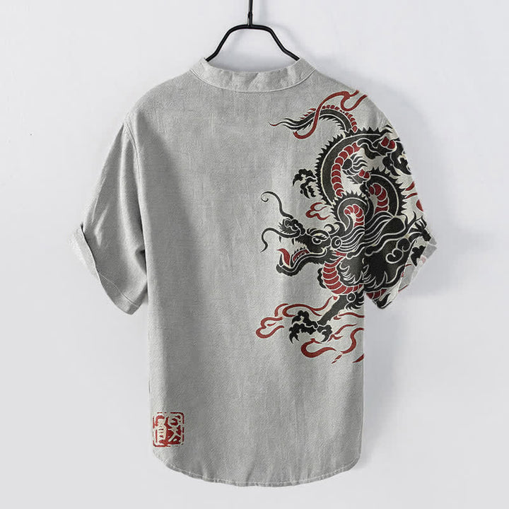 Buddha Stones Chemise homme à manches courtes en coton noir et rouge à motif dragon et demi-boutonnage - image 4