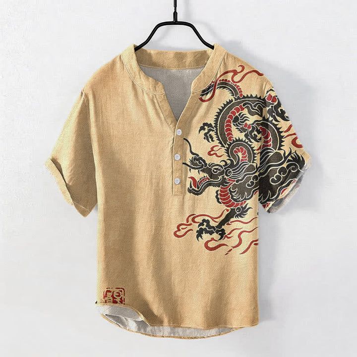Buddha Stones Chemise homme à manches courtes en coton noir et rouge à motif dragon et demi-boutonnage - image 5