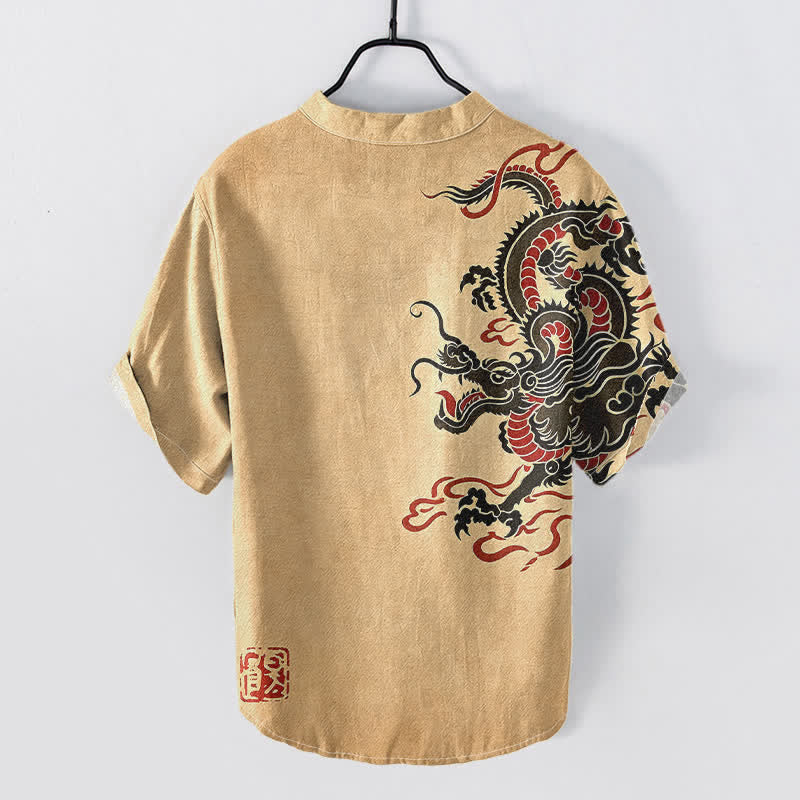 Buddha Stones Chemise homme à manches courtes en coton noir et rouge à motif dragon et demi-boutonnage - BurlyWood - US/UK/AU50，EU60 (5XL) - image 6