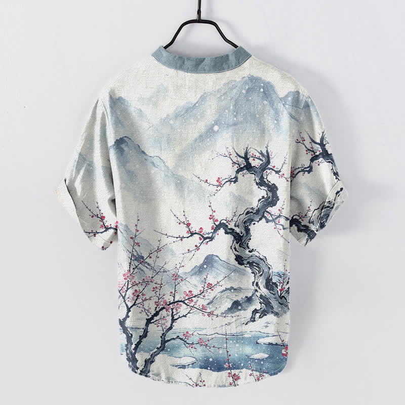 Buddha Stones Chemise à manches courtes pour homme, en coton délavé, à motif prune des montagnes et demi-boutonnage - image 1