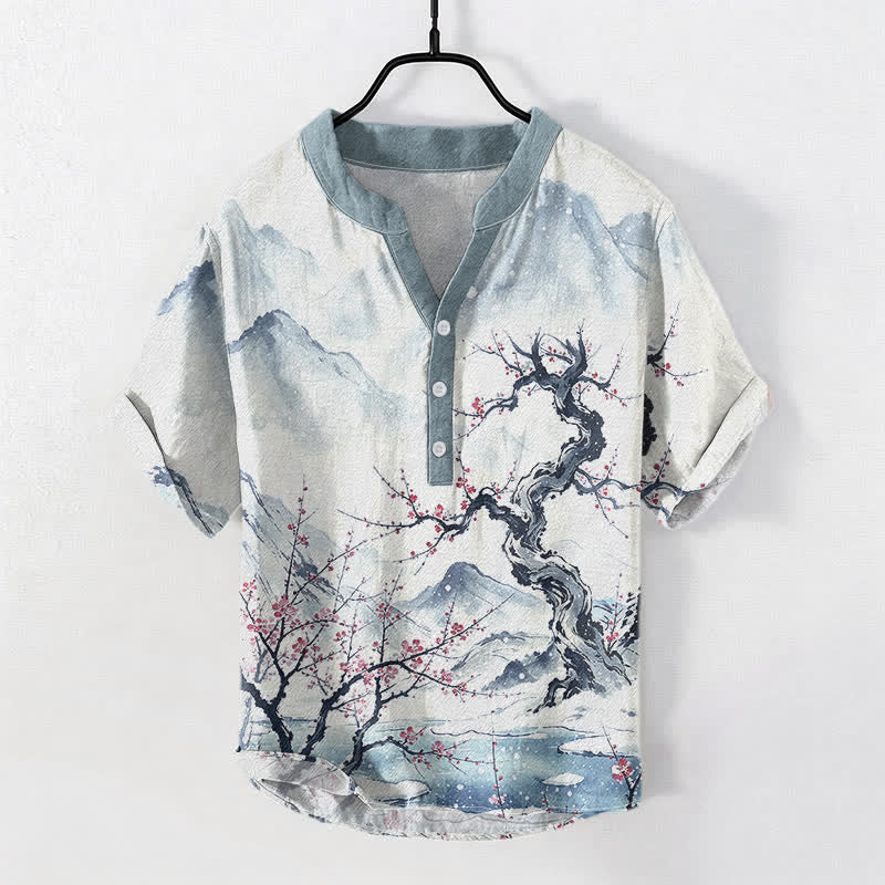Buddha Stones Chemise à manches courtes pour homme, en coton délavé, à motif prune des montagnes et demi-boutonnage - AliceBlue - US/UK/AU50，EU60 (5XL) - image 0
