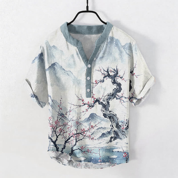 Buddha Stones Chemise à manches courtes pour homme, en coton délavé, à motif prune des montagnes et demi-boutonnage - AliceBlue - US/UK/AU50，EU60 (5XL) - image 0