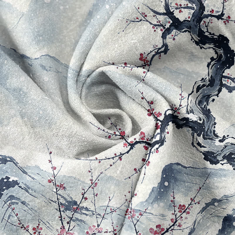 Buddha Stones Chemise à manches courtes pour homme, en coton délavé, à motif prune des montagnes et demi-boutonnage - image 2