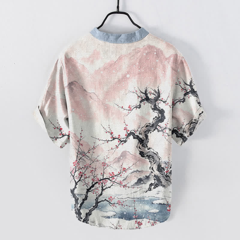 Buddha Stones Chemise à manches courtes pour homme, en coton délavé, à motif prune des montagnes et demi-boutonnage - image 4