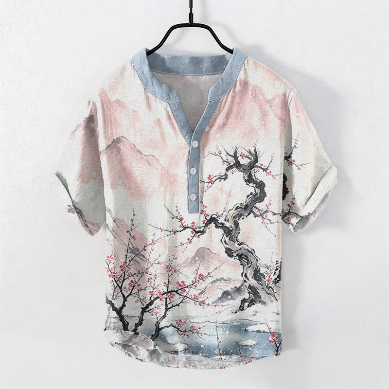 Buddha Stones Chemise à manches courtes pour homme, en coton délavé, à motif prune des montagnes et demi-boutonnage - MistyRose - US/UK/AU50，EU60 (5XL) - image 3