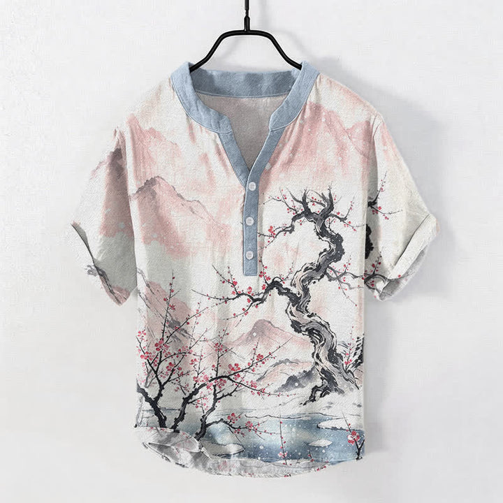 Buddha Stones Chemise à manches courtes pour homme, en coton délavé, à motif prune des montagnes et demi-boutonnage - MistyRose - US/UK/AU50，EU60 (5XL) - image 3