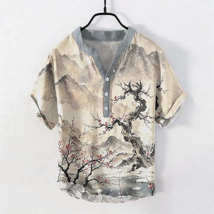 Buddha Stones Chemise à manches courtes pour homme, en coton délavé, à motif prune des montagnes et demi-boutonnage - Blé - US/UK/AU50，EU60 (5XL) - image 5