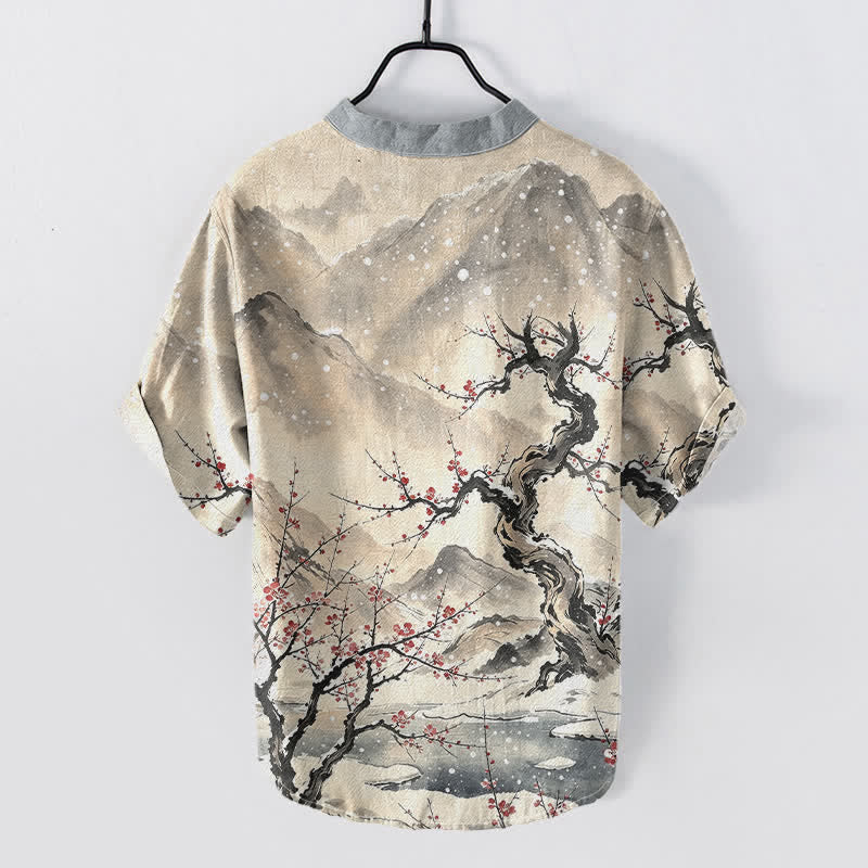 Buddha Stones Chemise à manches courtes pour homme, en coton délavé, à motif prune des montagnes et demi-boutonnage - image 6