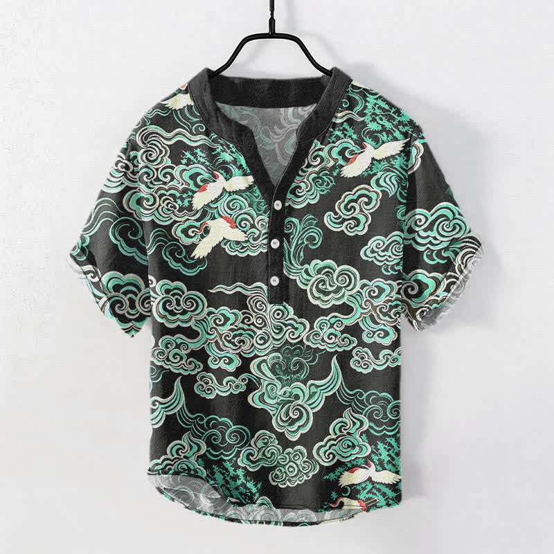 Buddha Stones Chemise homme à manches courtes et demi-boutonnée en coton menthe et nuage à motif grue - Noir - US/UK/AU50，EU60 (5XL) - image 0