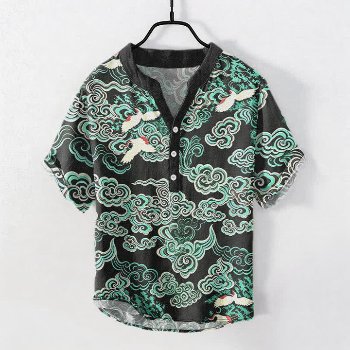 Buddha Stones Chemise homme à manches courtes et demi-boutonnée en coton menthe et nuage à motif grue - Noir - US/UK/AU50，EU60 (5XL) - image 0