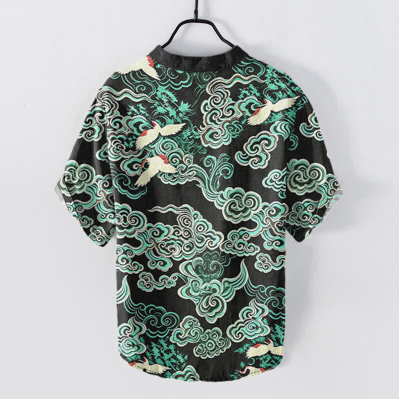 Buddha Stones Chemise homme à manches courtes et demi-boutonnée en coton menthe et nuage à motif grue - image 1