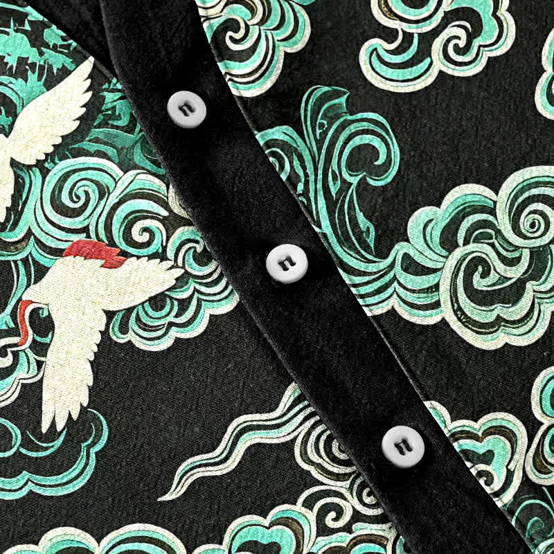 Buddha Stones Chemise homme à manches courtes et demi-boutonnée en coton menthe et nuage à motif grue - image 3
