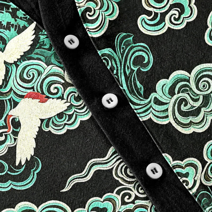 Buddha Stones Chemise homme à manches courtes et demi-boutonnée en coton menthe et nuage à motif grue - image 3
