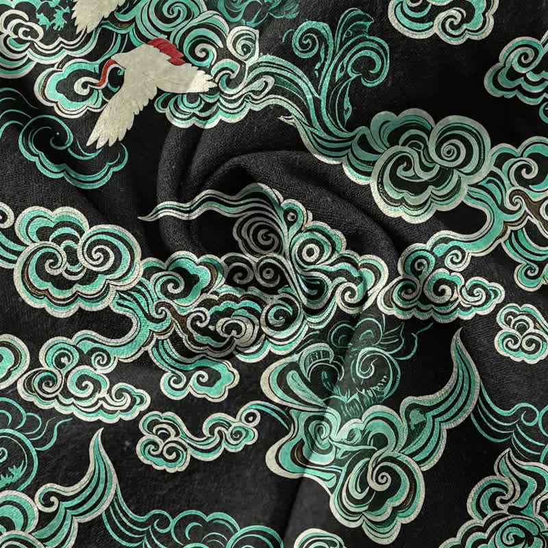 Buddha Stones Chemise homme à manches courtes et demi-boutonnée en coton menthe et nuage à motif grue - image 4