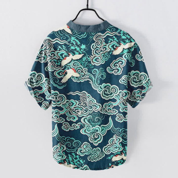 Buddha Stones Chemise homme à manches courtes et demi-boutonnée en coton menthe et nuage à motif grue - image 6