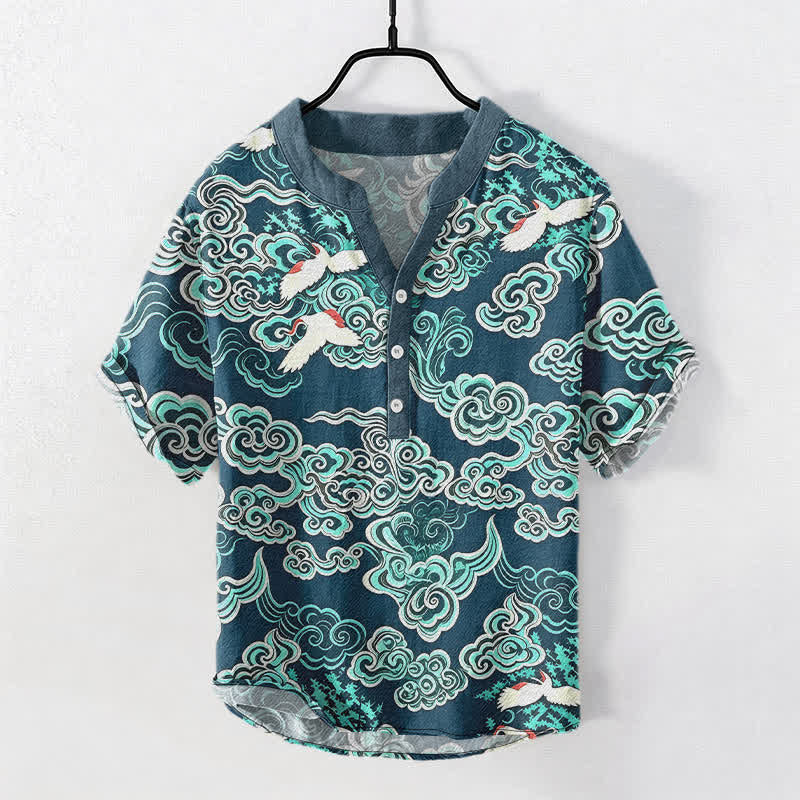 Buddha Stones Chemise homme à manches courtes et demi-boutonnée en coton menthe et nuage à motif grue - Sarcelle - US/UK/AU50，EU60 (5XL) - image 5
