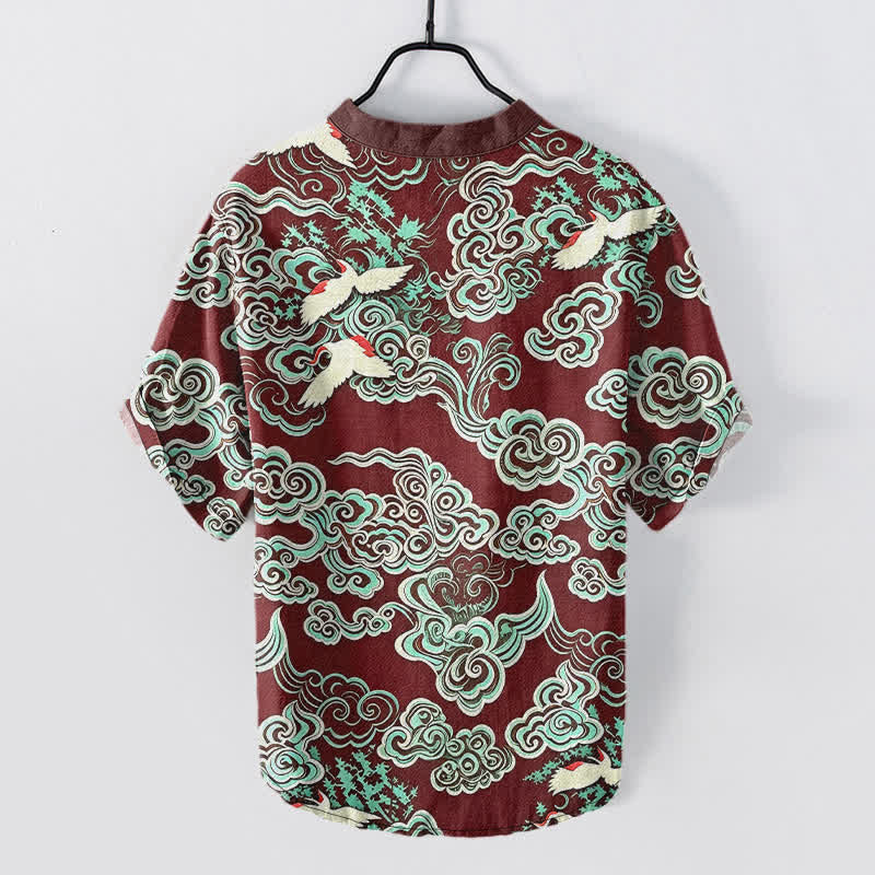 Buddha Stones Chemise homme à manches courtes et demi-boutonnée en coton menthe et nuage à motif grue - image 8