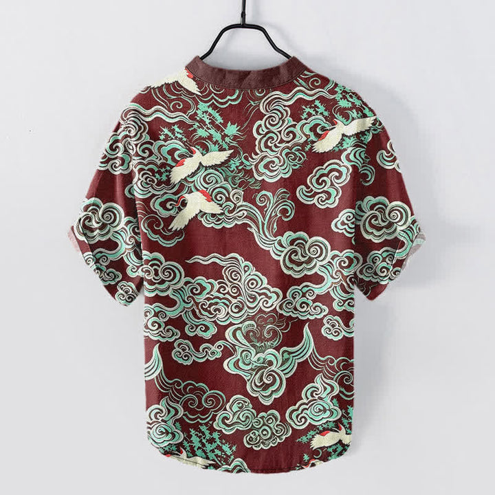 Buddha Stones Chemise homme à manches courtes et demi-boutonnée en coton menthe et nuage à motif grue - image 8