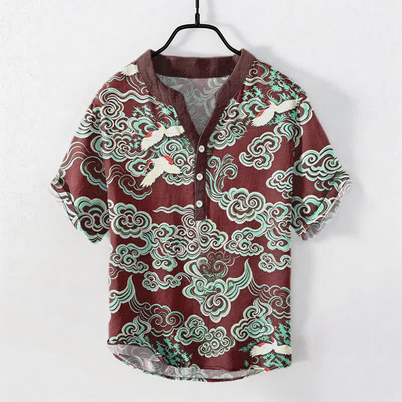 Buddha Stones Chemise homme à manches courtes et demi-boutonnée en coton menthe et nuage à motif grue - Bordeaux - US/UK/AU50，EU60 (5XL) - image 7