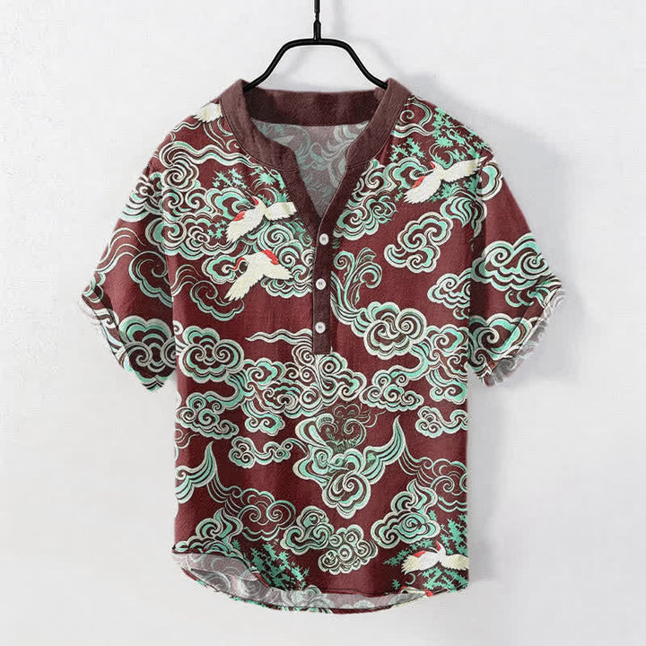 Buddha Stones Chemise homme à manches courtes et demi-boutonnée en coton menthe et nuage à motif grue - Bordeaux - US/UK/AU50，EU60 (5XL) - image 7