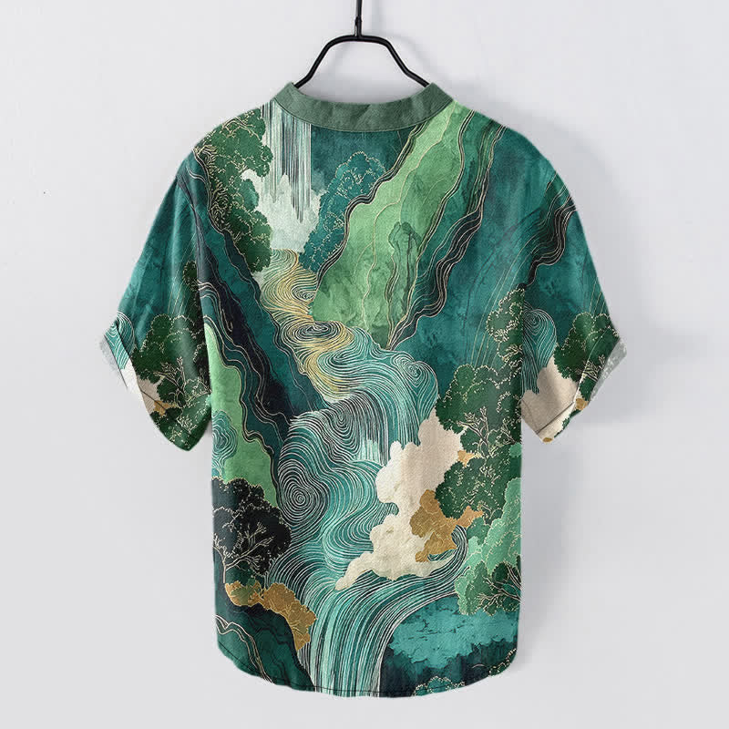 Buddha Stones Chemise à manches courtes pour homme en coton à motif paysage oriental à l'encre et demi-boutonnage - image 1