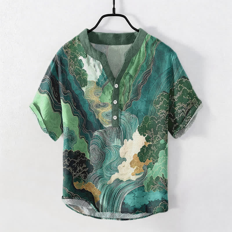Buddha Stones Chemise à manches courtes pour homme en coton à motif paysage oriental à l'encre et demi-boutonnage - Sarcelle - US/UK/AU50，EU60 (5XL) - image 0