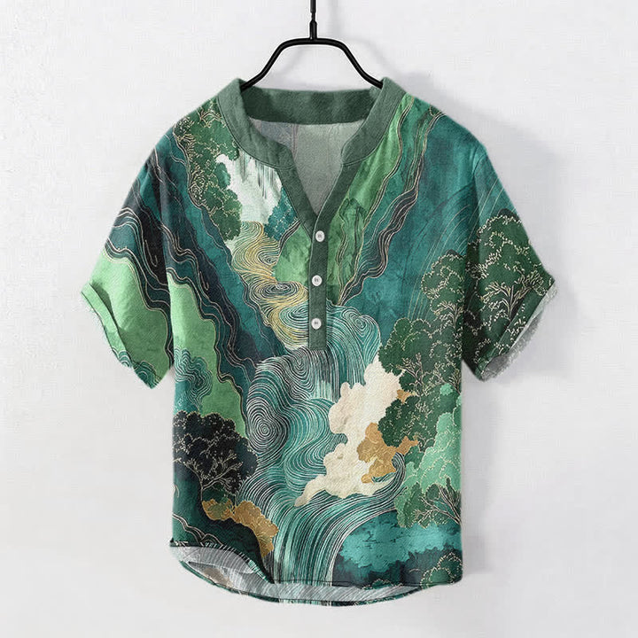Buddha Stones Chemise à manches courtes pour homme en coton à motif paysage oriental à l'encre et demi-boutonnage - Sarcelle - US/UK/AU50，EU60 (5XL) - image 0