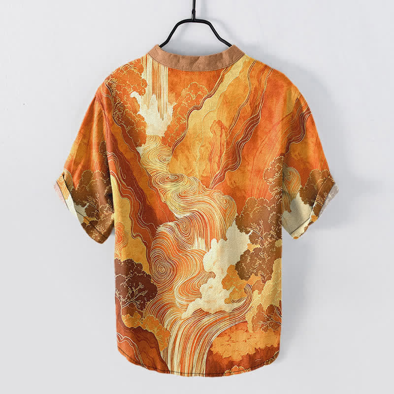 Buddha Stones Chemise à manches courtes pour homme en coton à motif paysage oriental à l'encre et demi-boutonnage - image 6