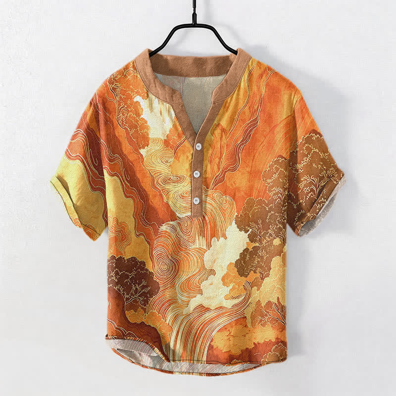 Buddha Stones Chemise à manches courtes pour homme en coton à motif paysage oriental à l'encre et demi-boutonnage - SandyBrown - US/UK/AU50，EU60 (5XL) - image 5